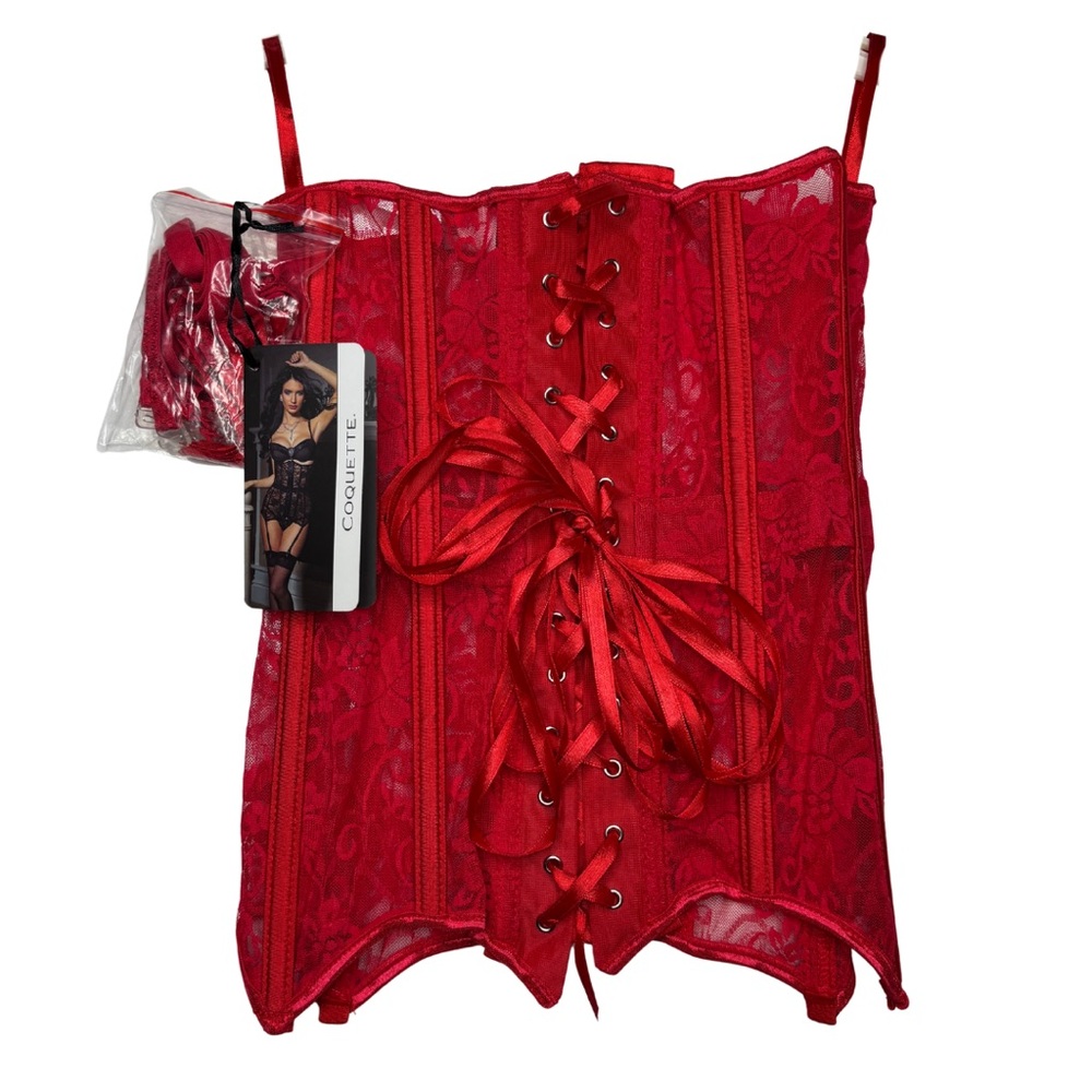 Coquette NWT Red Lace Waist Cincher Corset Bustier & Garter Size M MSRP $74 - Picture 6 of 12